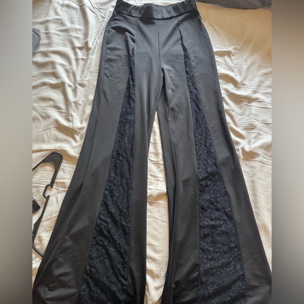 Elegant Black Lace Panel Wide-Leg Pants